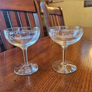 Set of 2 Toasting Clear Glasses Vintage Champagne 25th Anniversary Silver White